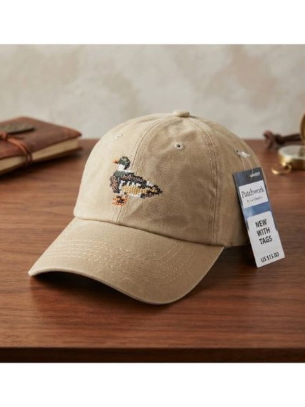 NWT Patchwork by La Valentina BEIGE WAXED COTTON BASEBALL CAP W/NEEDLEPOINT DUCK